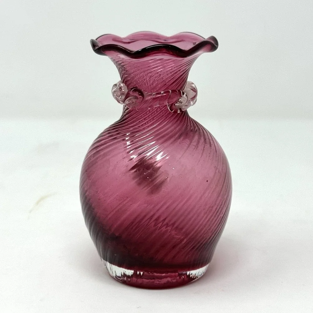 Pilgrim Cranberry Glass Hand Blown Optic Swirl Bud Vase 4.5